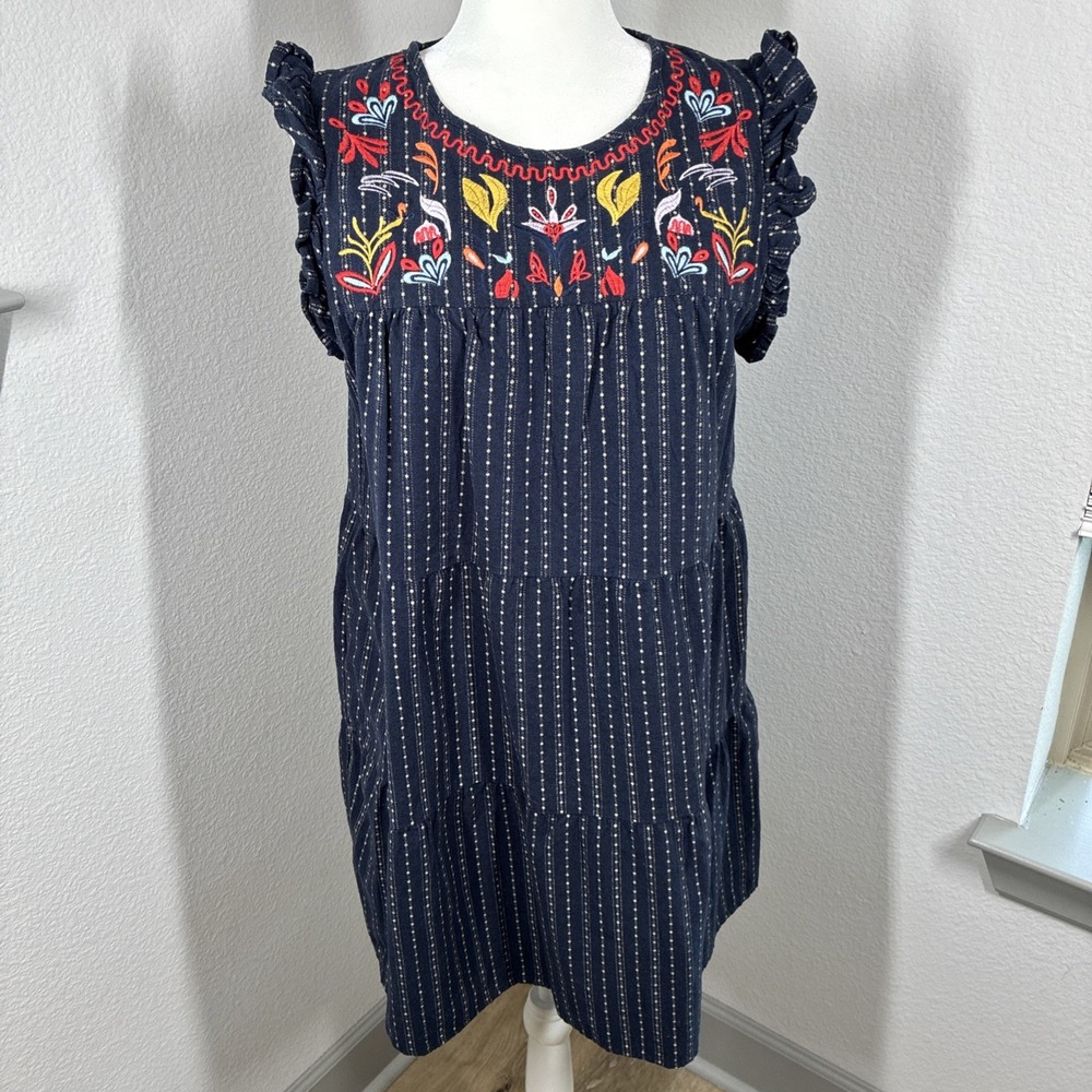 Boho Peasant Embroidered Pinstripe Shift Dress Floral Sleeveless Medium Navy